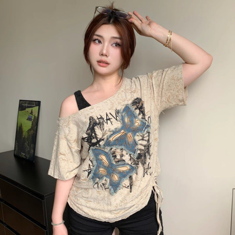 Slightly Fat Beautiful Butterfly Oblique Shoulder Tops Loose Short Sleeve