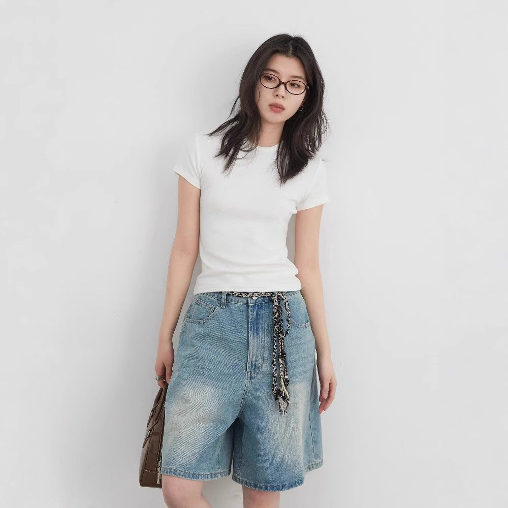 Women's Shoulder Round Neck Short Sleeve Inner Bottoming Top
