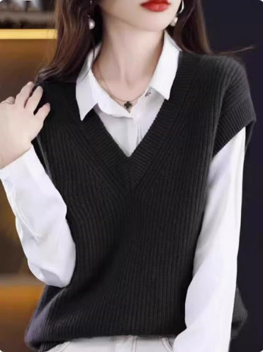 Outer Wear V-neck Sleeveless Pullover Sweater Knitted Outerwear Vest