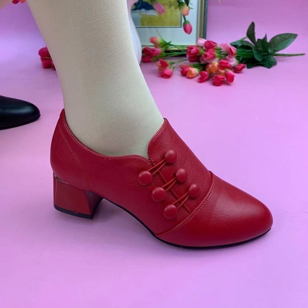 Large Size Mom Shoes Women's New Leather Shoes Mid Heel Chunky Heel Slip-on