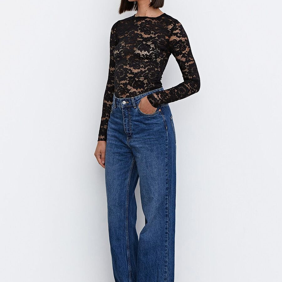 Womens Lace Slim-Fit Sheer Long-Sleeve Top