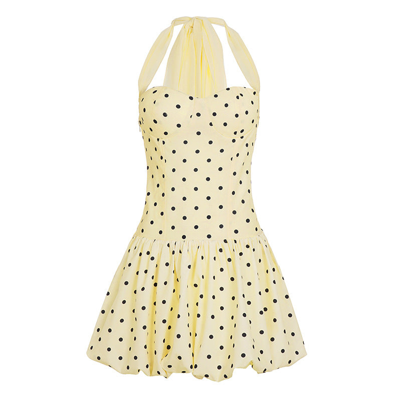 Womens Stylish And Elegant Polka-Dot Ribbon Halter Dress