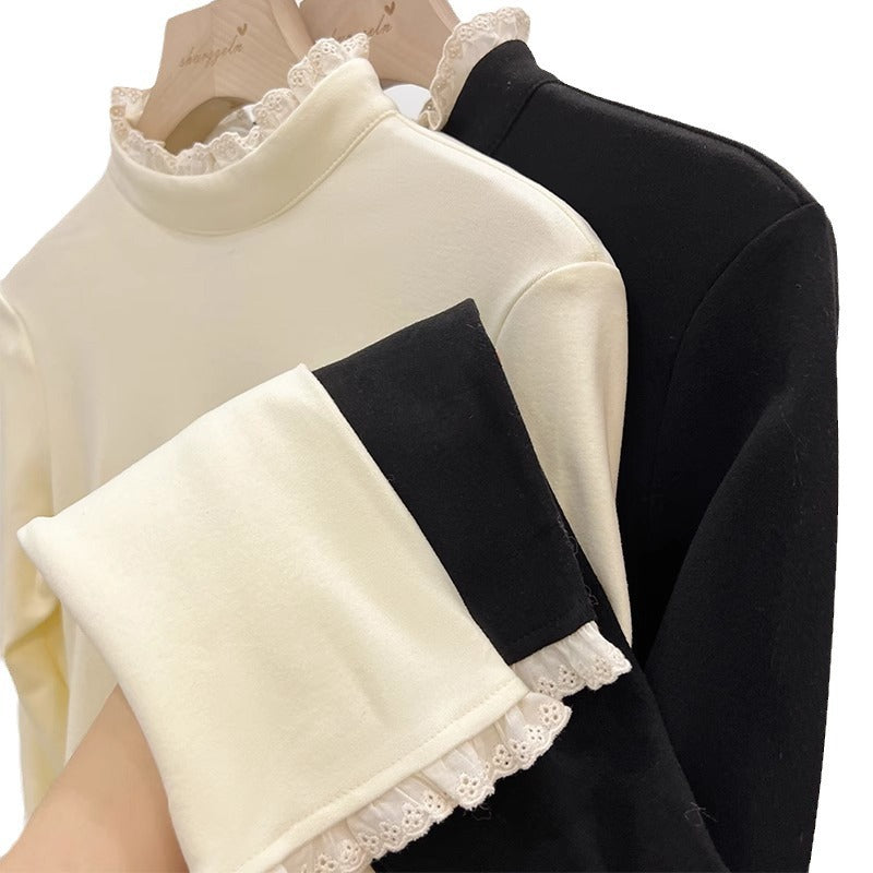 Spliced Lace Trim Semi-high Collar Slim-fitting Slimming Warm Base Shirt