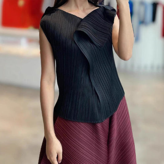 Women's Pleated Solid Color Top Casual And Comfortable V-neck Sleeveless T-shirt