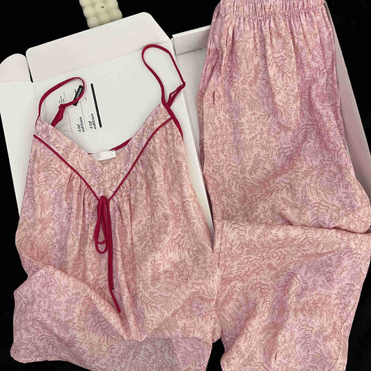 Womens Vintage Plus-Size French-Style Solid-Color Camisole Loungewear Set