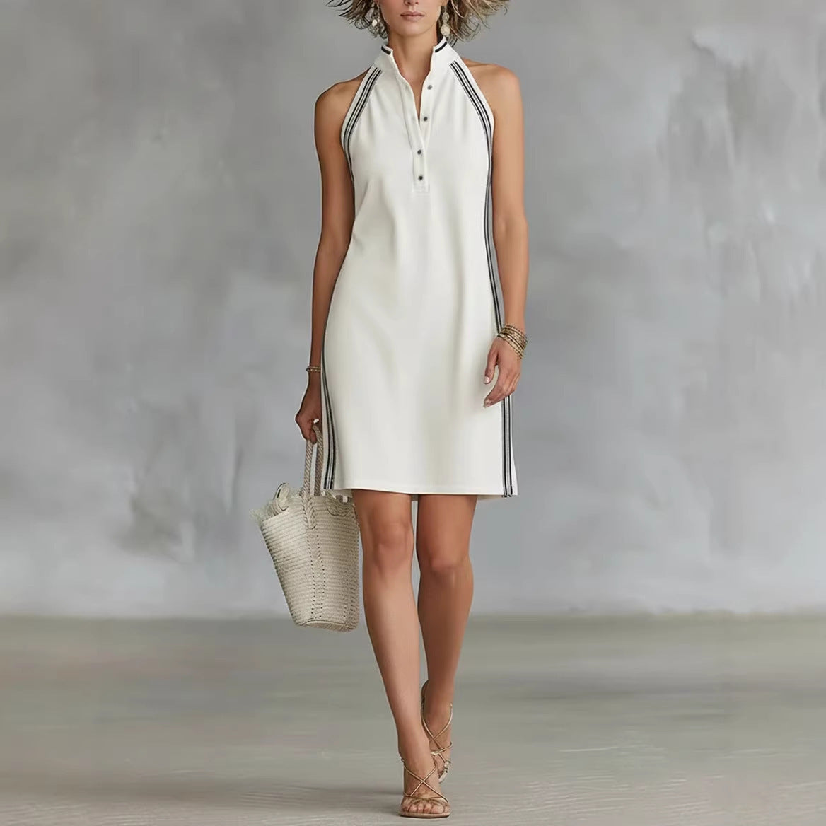 Solid-color Sleeveless Button-up Collar Dress