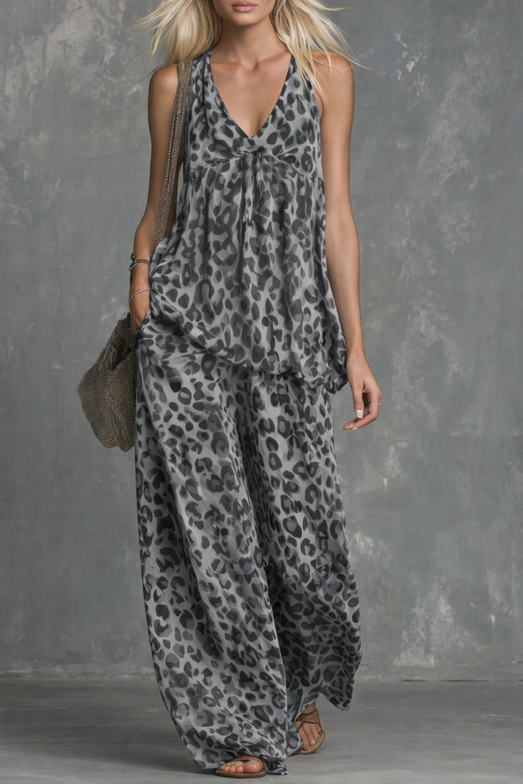 Womens Loose-Fitting Leopard-Print Sleeveless Top And Chiffon Pants Set