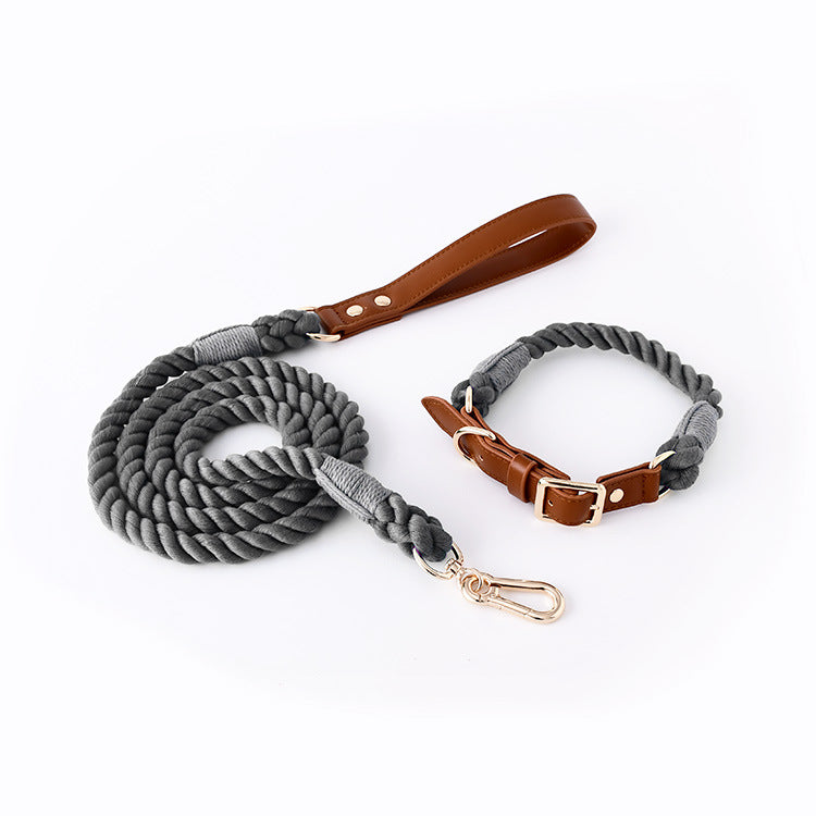 Cotton Rope Woven Leather Pet Leash Collar Set Medium Large Dog Walking