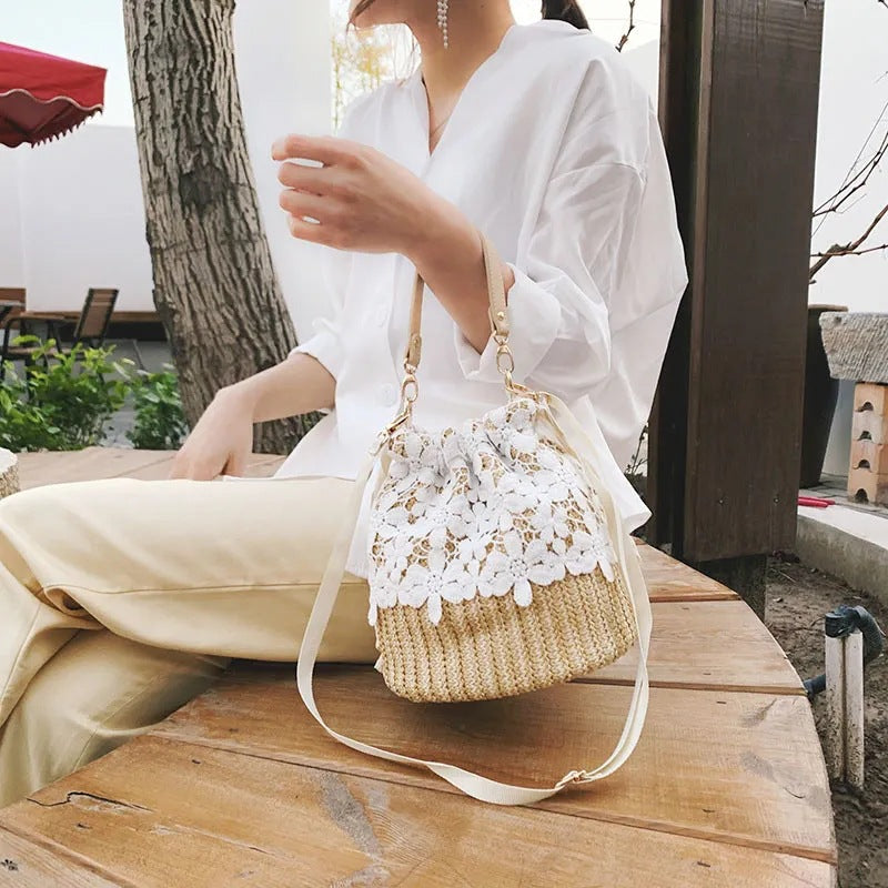 Straw bag women's bag new sweet woven bucket handbag