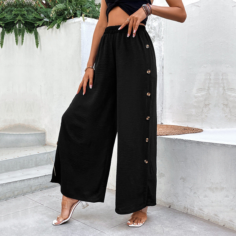 Black Wide-leg Split Pants For Women Loose-fitting For Summer
