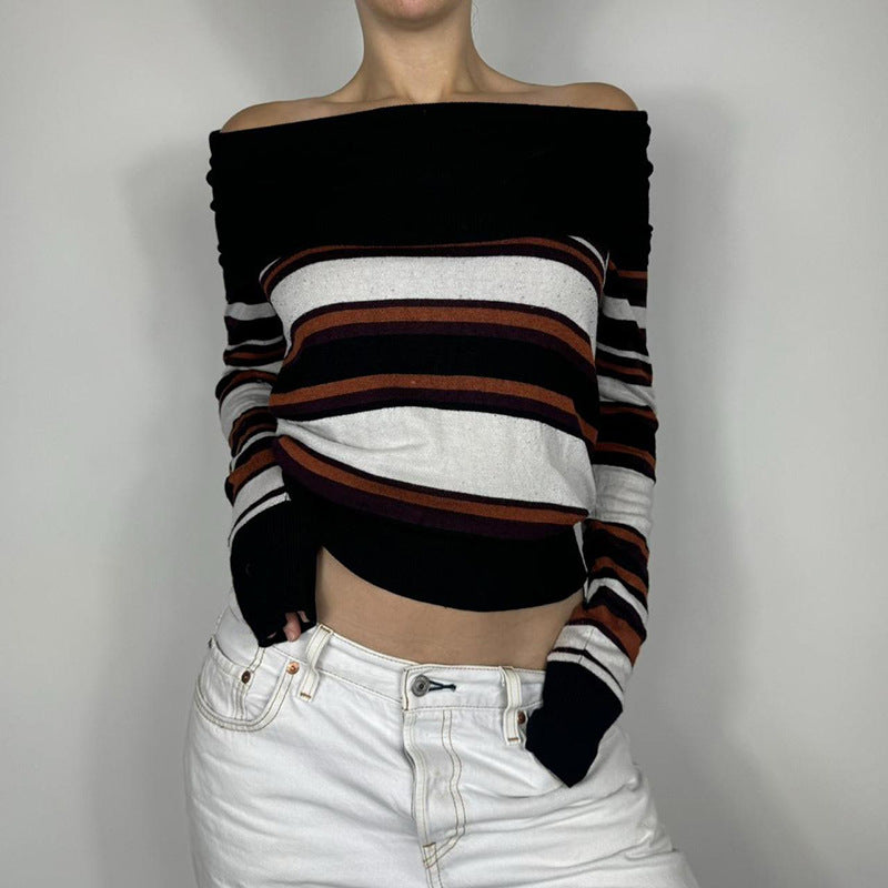 American-style Casual Contrast Color Striped Off-shoulder Sweater