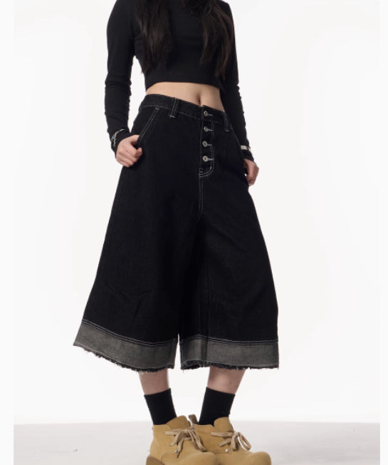 Women's American-style Retro Design Raw Edge Denim Cropped Pants