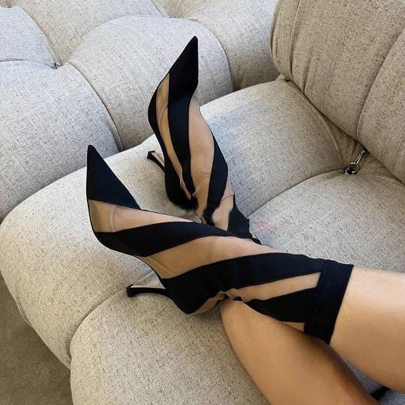 Pointed Toe Stretch Mesh Breathable High Heel Boots