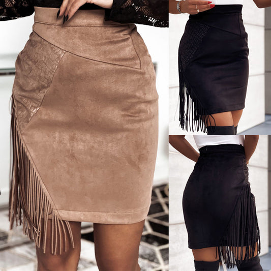 Womens Tassel Leather Skirt With A Suede-inspired