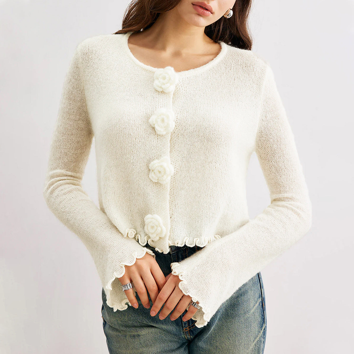 Three-dimensional Flower Slim Fit Stringy Selvedge Knitwear