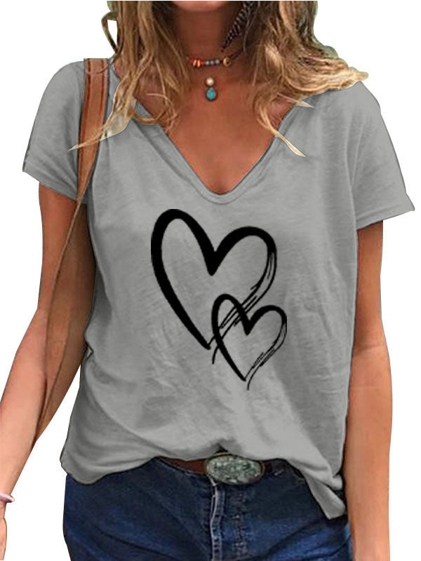 V-neck Loose Casual Heart Printing T-shirt