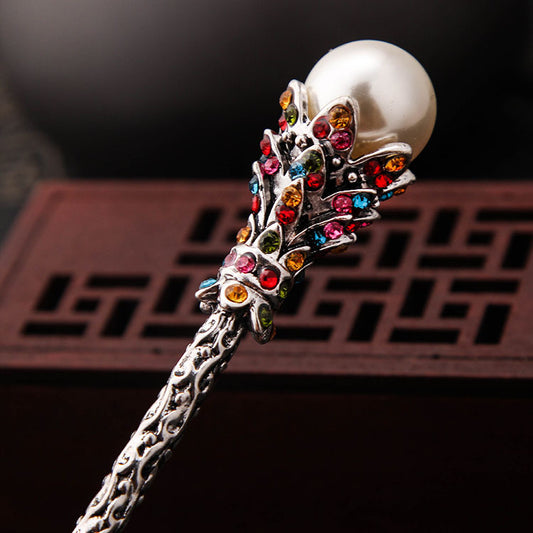 Vintage Bronze Hairpin With Rhinestones And Pearls