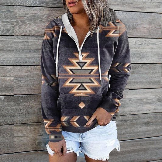 European And American Women's Zip Pocket Print Casual Hoodie