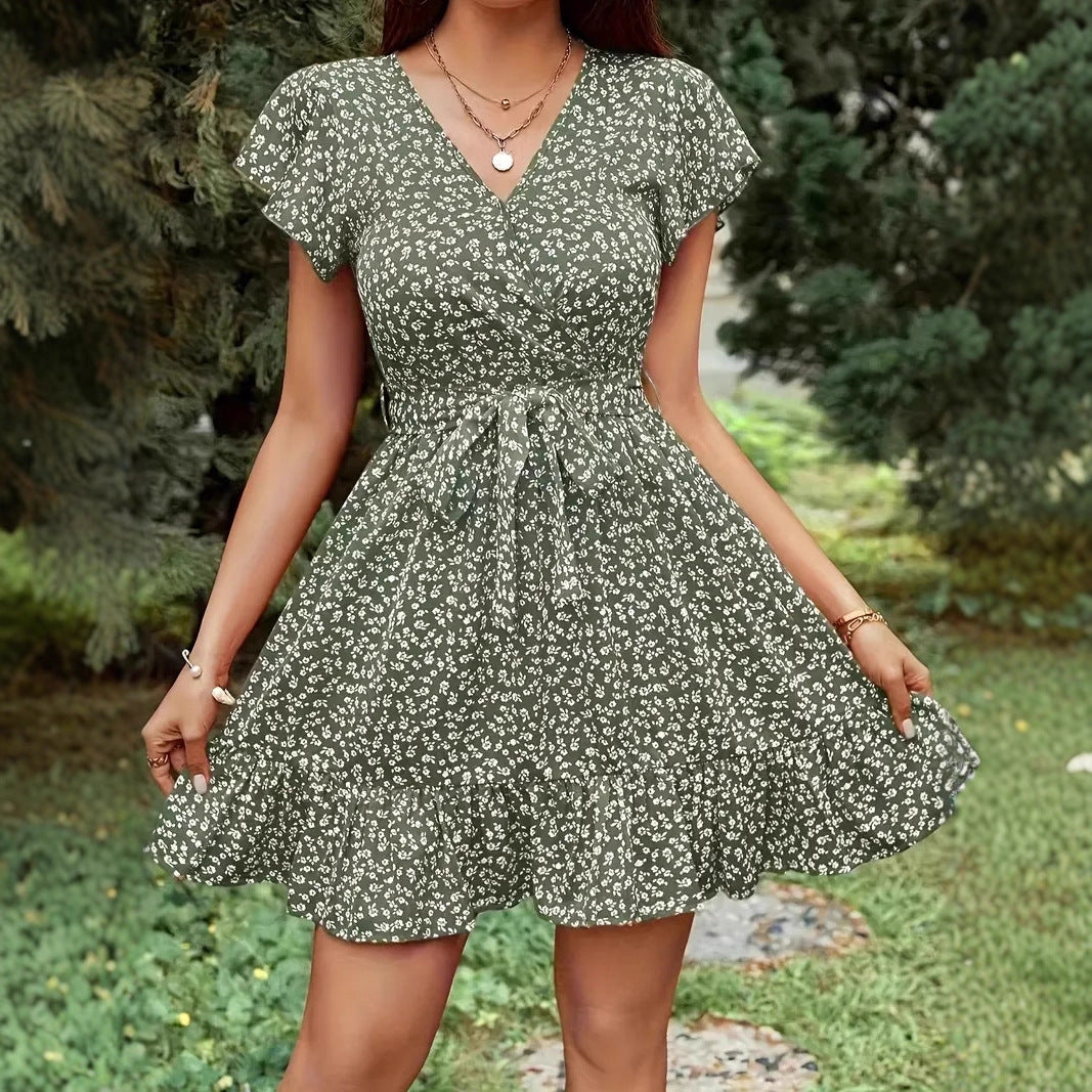 French-style High-waisted Floral-print Lace-up V-neck Short-sleeve Dress