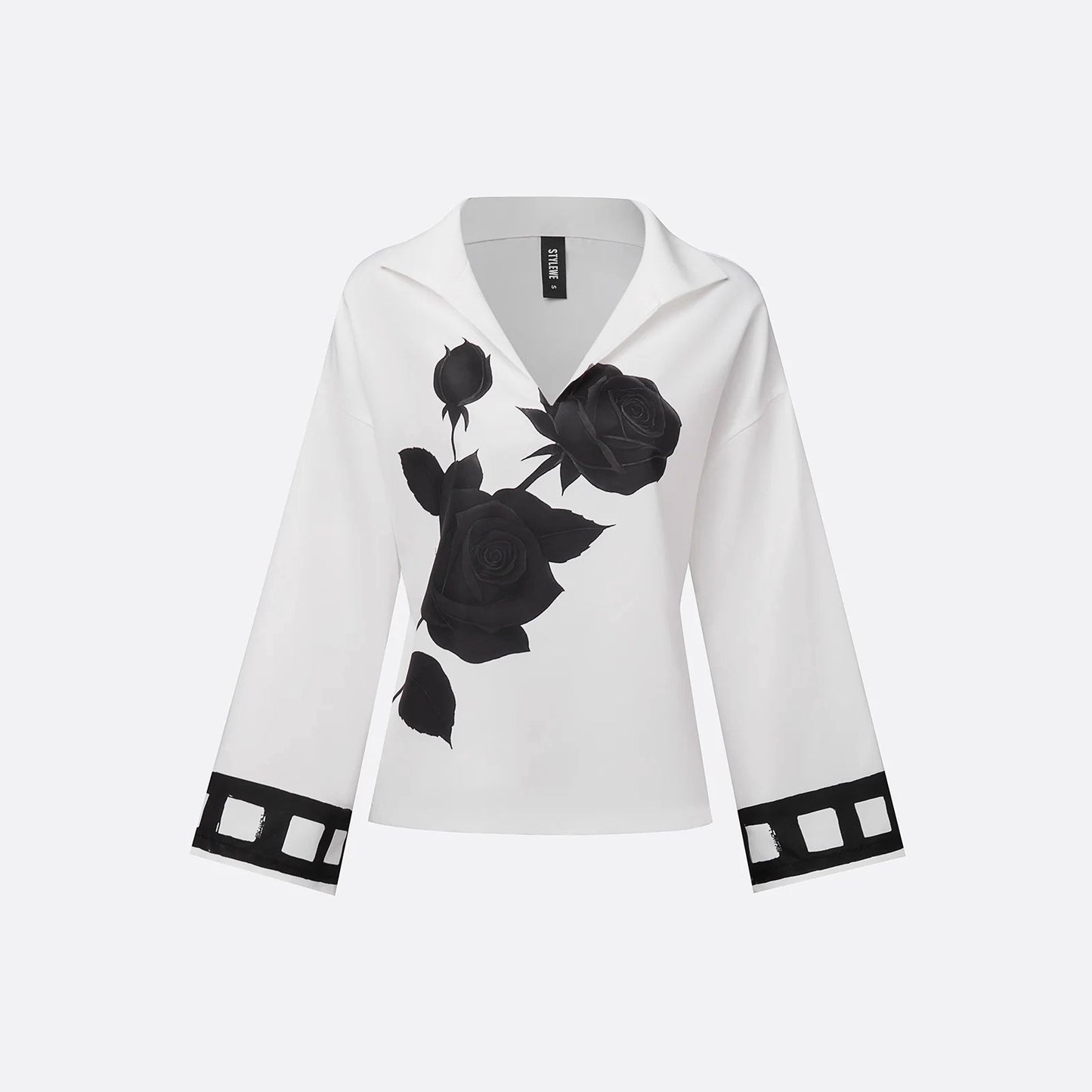 Stylish Relaxed-fit Womens T-shirt With A Stand-up Collar Long Sleeves And A Floral Print