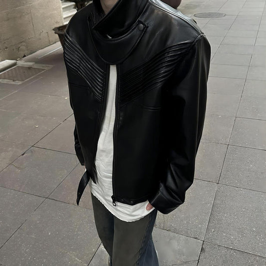 Men's Black Leather Jacket Loose Top Coat