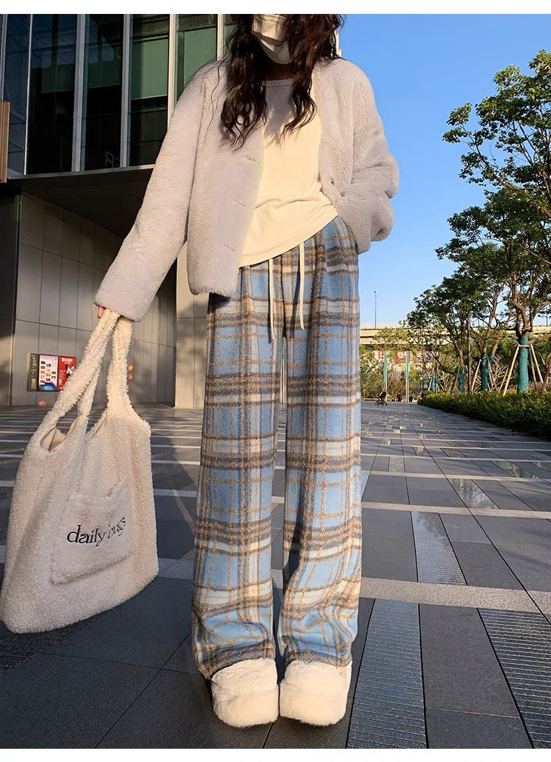 Christmas Red Wool Fleece-lined Lattice Loose Pants