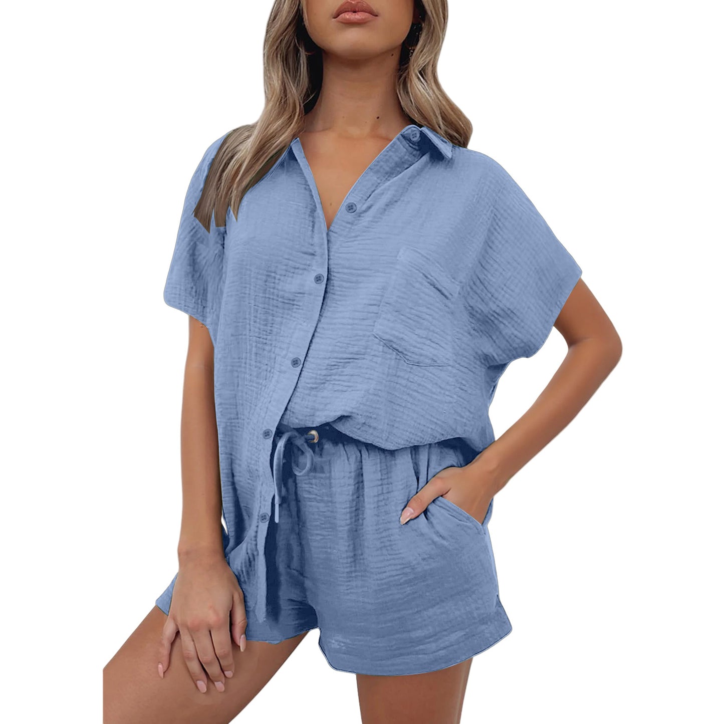 Casual Fashion Cotton And Linen Shirt And Shorts Set Womens Clothing