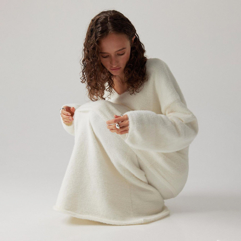 Simple Knitting V-neck Sweater Skirt Suit