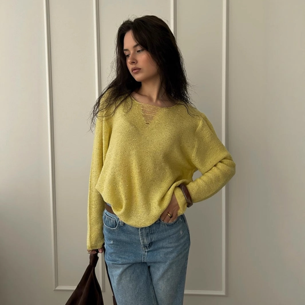 V-neck Long Sleeve Thin Loose Top Elegant Atmosphere Blouse