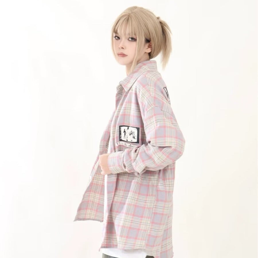 Long Sleeve Plaid Shirt Loose-fitting Versatile Blouse Design Retro Coat