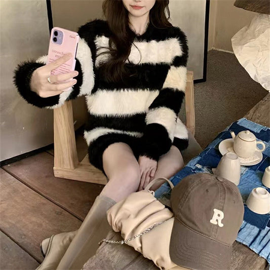 Retro Loose Thick Idle Style Soft Sticky Striped Sweater