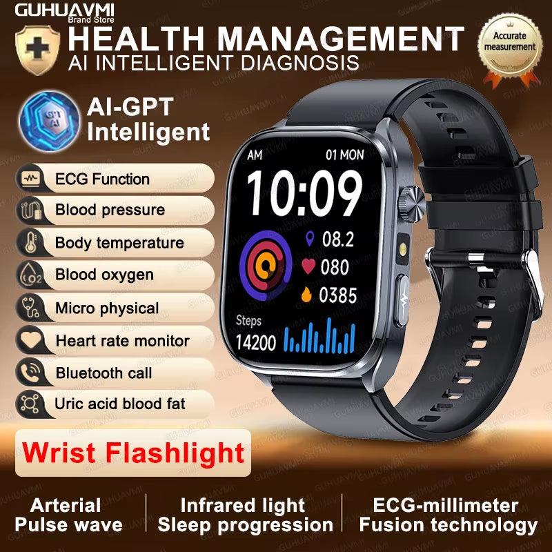 2025 New ECG+PPG AI Healthy Diagnose Smart Watch Men Blood Lipid Uric Acid BT Call Flashlight Blood Pressure Health Smartwatch