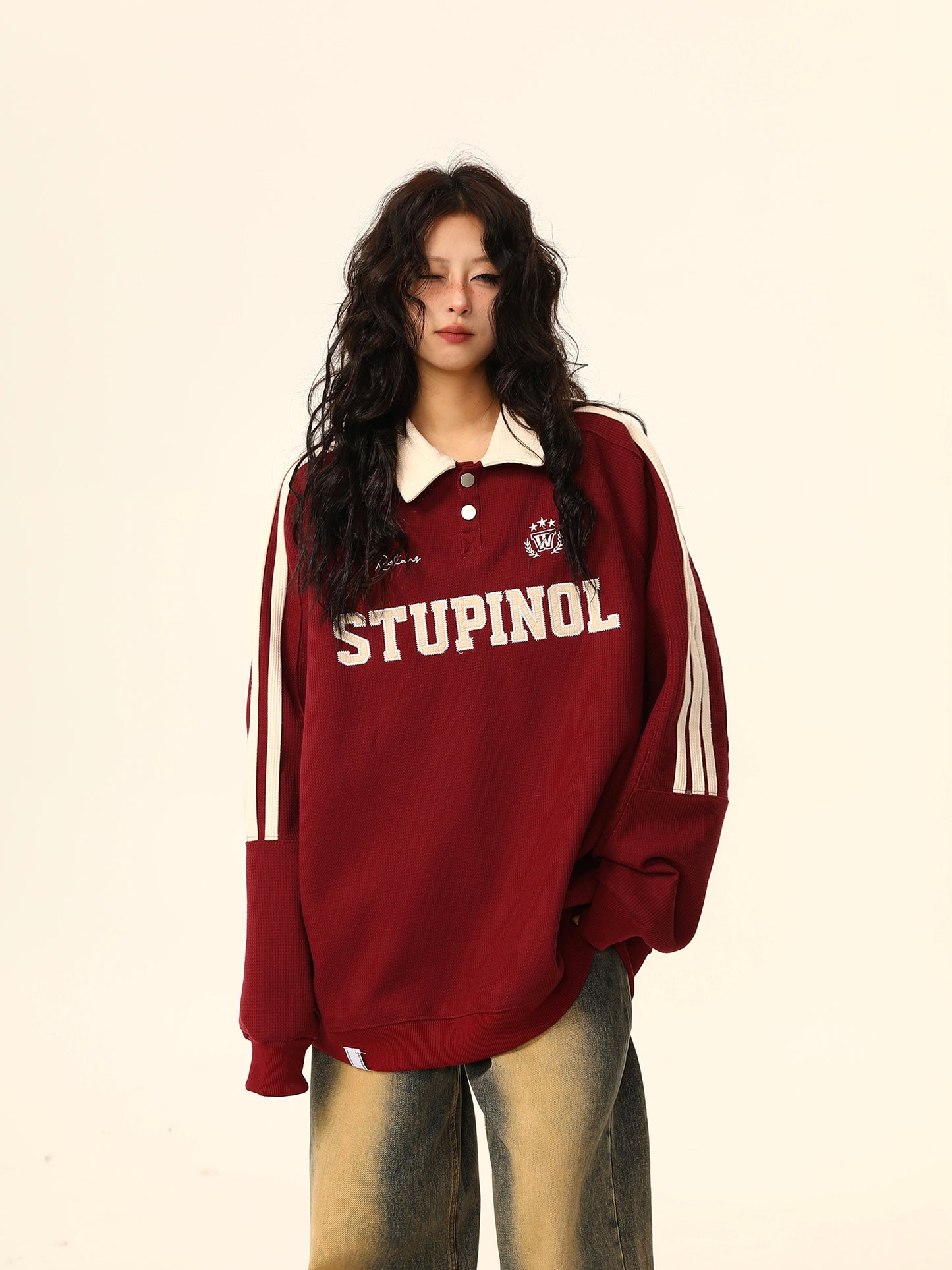 Retro Striktrøje med Polokrave, Løs Pasform til Kvinder, Unisex