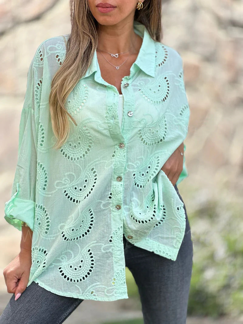 Women's Shirt Collar Loose Embroidery Hollow Out