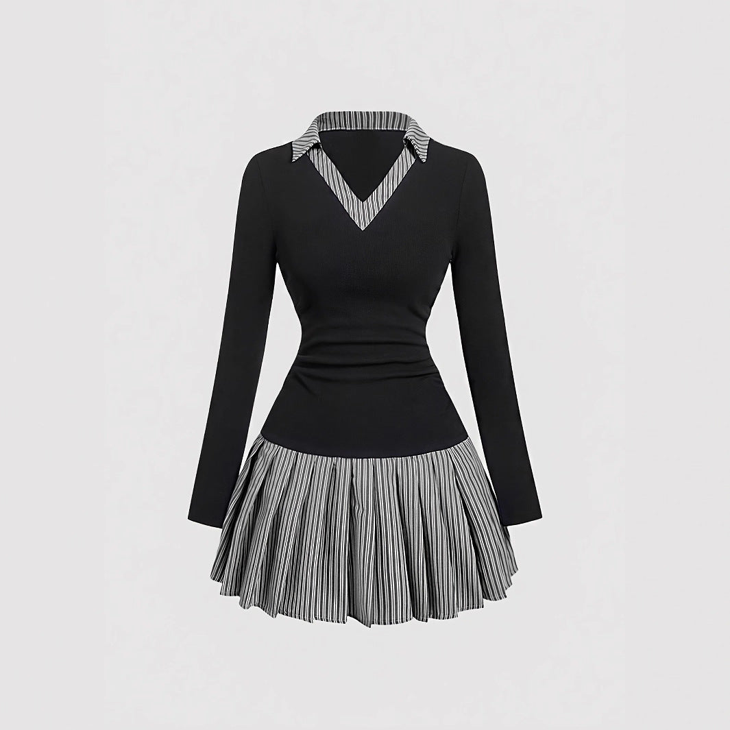 Kjole i koreansk preppy stribet patchwork to-delt look