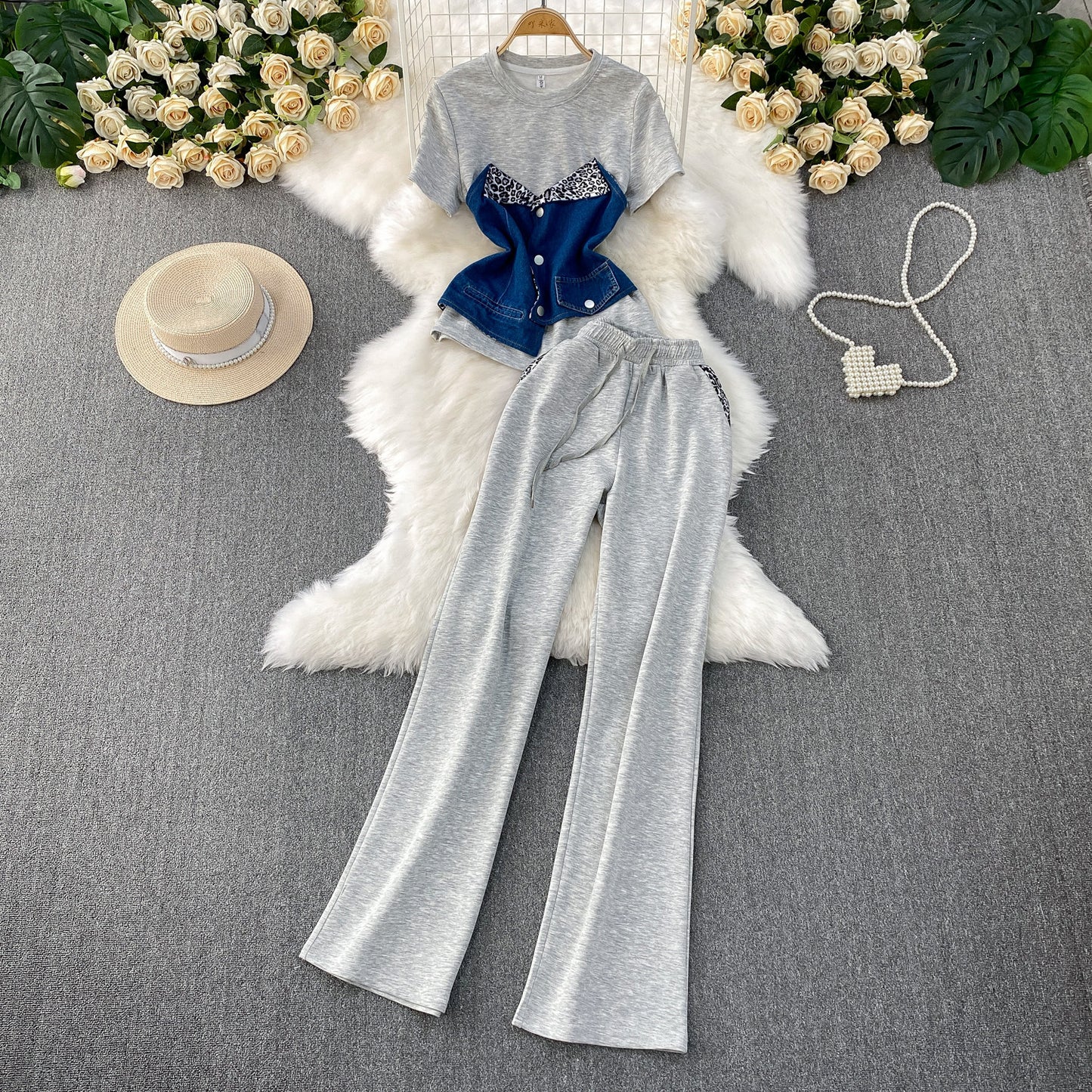 Fashionable Patchwork Denim Short-Sleeve Top And Wide-Leg Pants Two-Piece Set