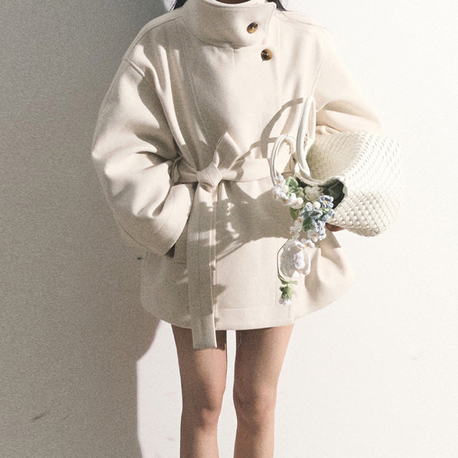 Womens Wool Coat With A Stand Collar And A Defined Waist
