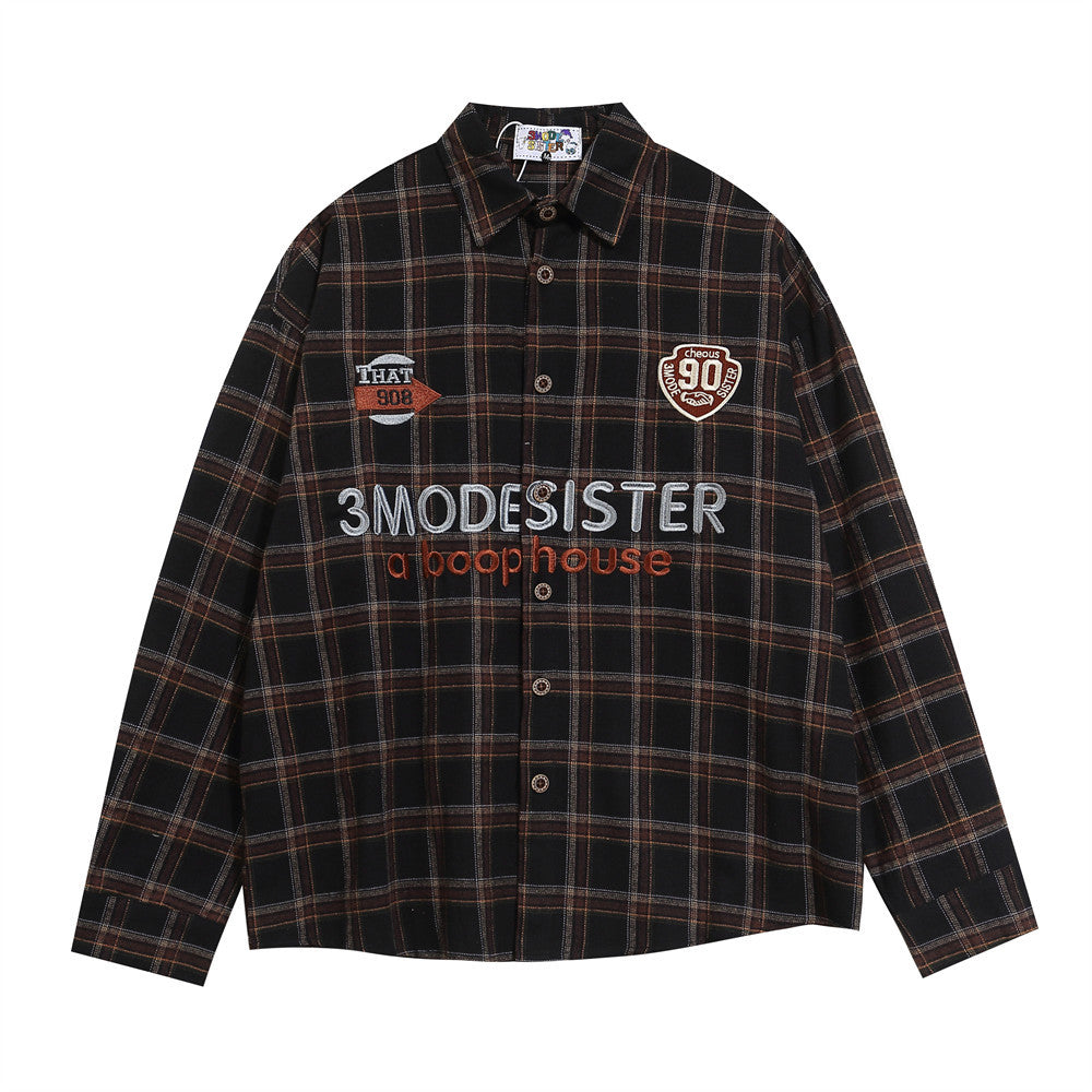 Letter Plaid Casual Polo Collar Shirt