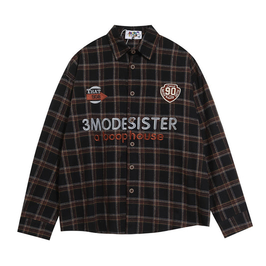 Letter Plaid Casual Polo Collar Shirt