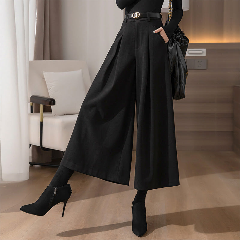 Woolen Wide-leg  Cropped Pants Autumn And Winter New High Waist