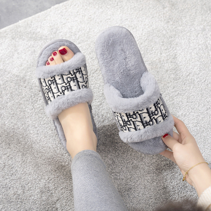 Warm Flat Slippers Women's Home Non-slip Rabbit Fur Fashion