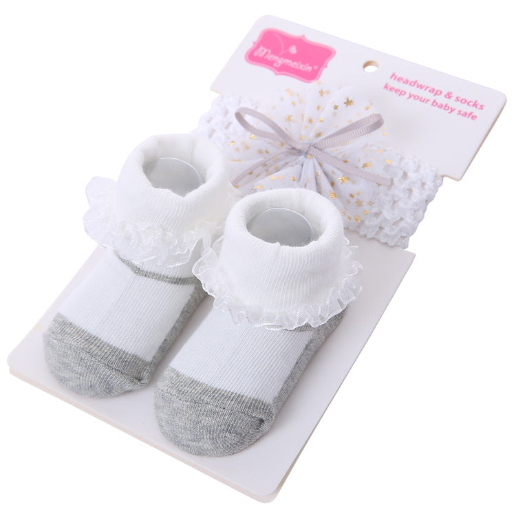 Solid Color Bow Lace Baby Socks Headband Set