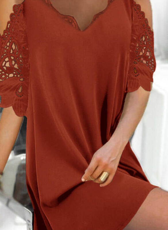 Solid Lace Three-quarter Sleeve Straight V-Neck Dress