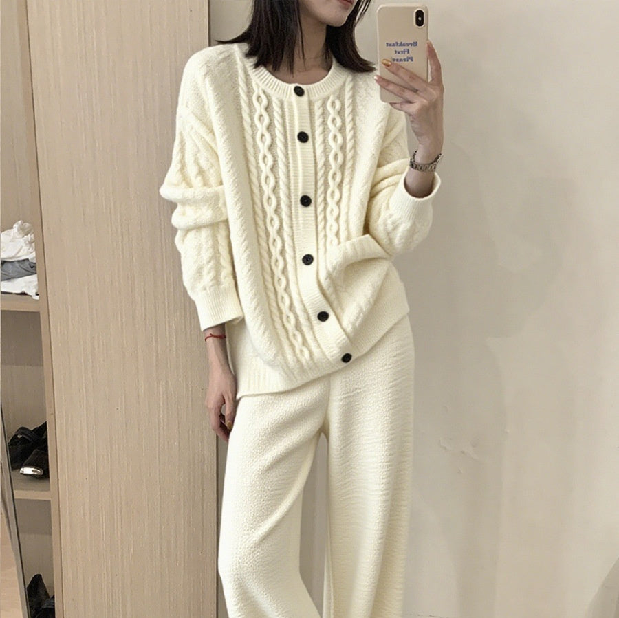 Gentle Knitted Trousers Suit Women's Sweater Cardigan High Waist Dress