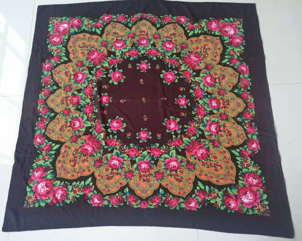 Large Square Scarf Shawl With Ethnic Print Tassels To Keep Warm
