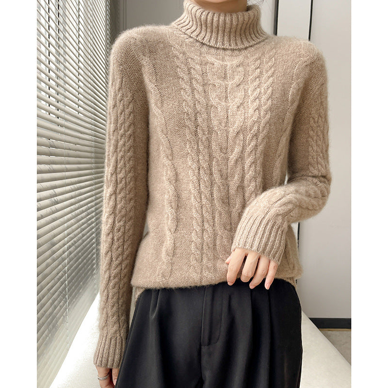 Kabelstrikket rullekrave-sweater, ensfarvet, alsidig dame-pullover med blidt temperament
