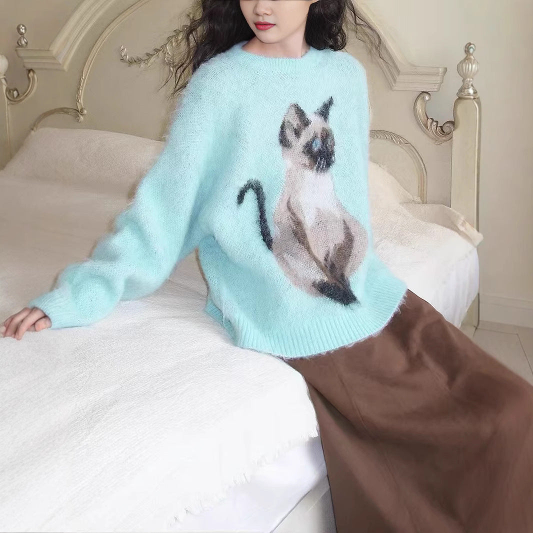 Contrast Color Pullover Cute Cat Brocade Sweater Female