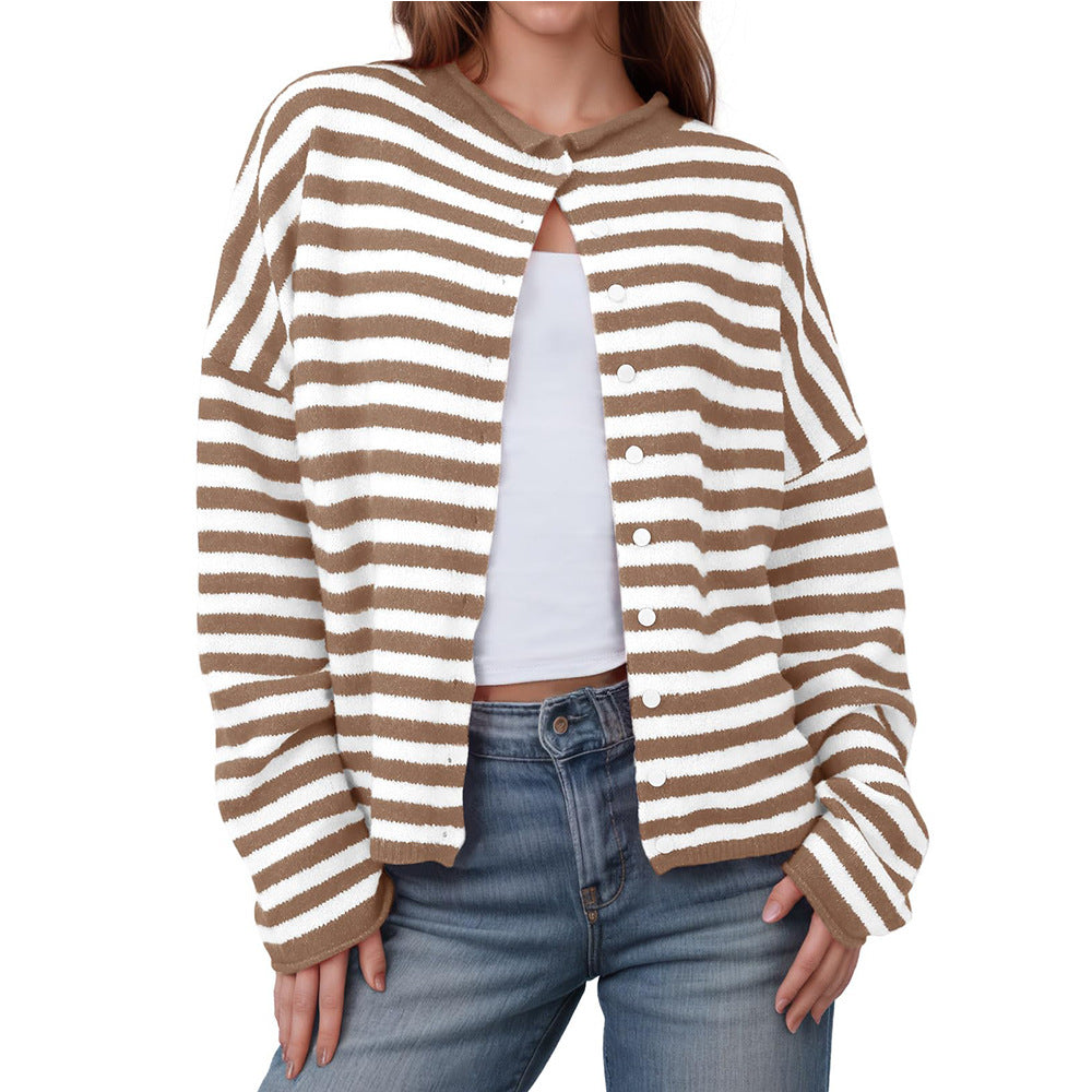 Women's Striped Contrast Color Sweater Long Sleeve Casual Cardigan