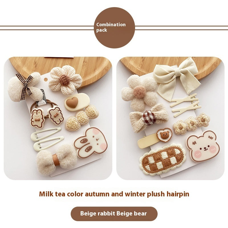 Korean Style All-match Milk Tea Color Autumn And Winter Plush Cute Flowers Barrettes Brown Bow Girl's Heart Hairpin