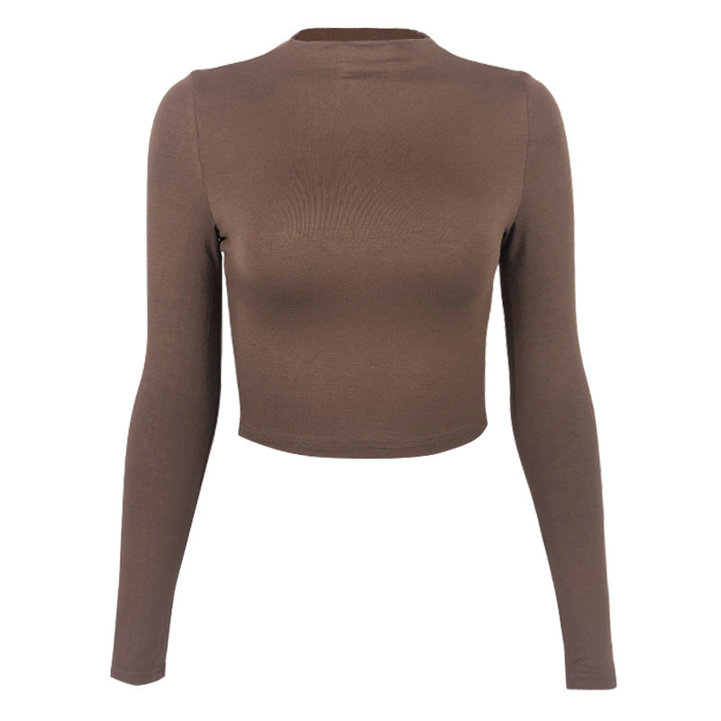 Womens Solid-Color Sexy Tight Crop Top With Long Sleeves